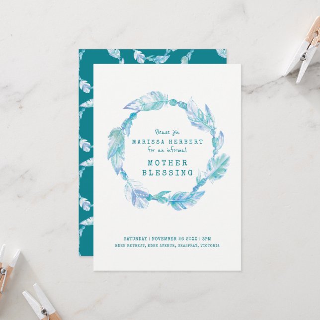 Convite Mãe abençoando a pena e miçanga teal aqua art (Frente/Verso In Situ)