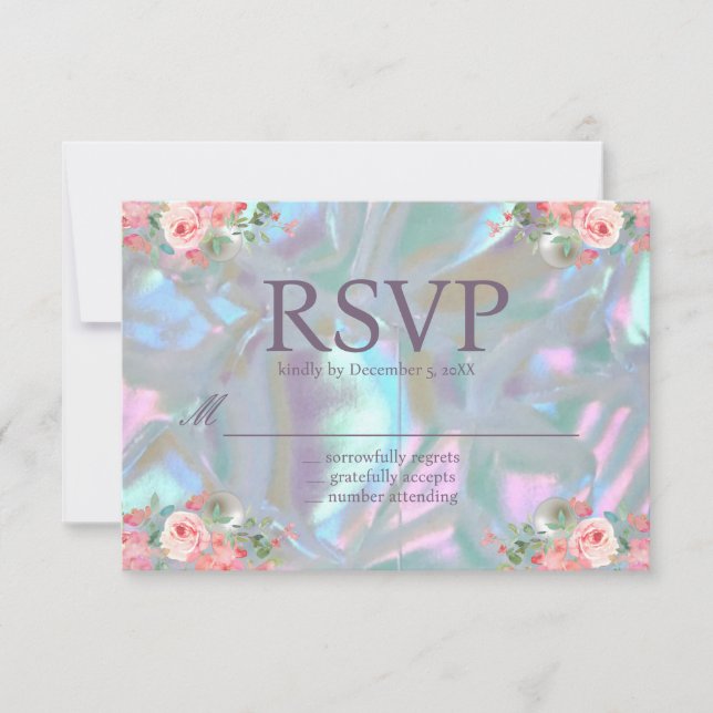 Convite Mãe de Pérola Iridescente Elegante Casamento RSVP (Frente)