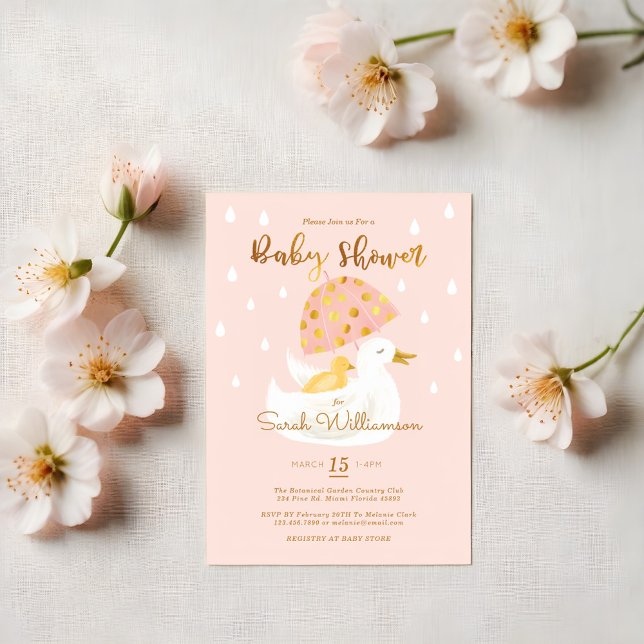 Convite Mãe e Bebê Amarelo Guarda-chuvas Rosa (Mother & Baby Yellow Ducky Umbrella Blush Pink Invitation)