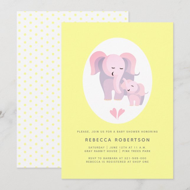 Convite Mãe elefante rosa-branca, menina chá amarela (Frente/Verso)