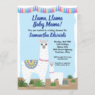 Convite Mãe Llama e Chá de fraldas Bolinhas Azul Bebê
