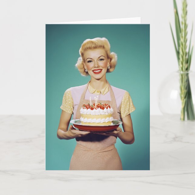 Convite Mãe Retro Segurando um Bolo de Celebração (Frente)