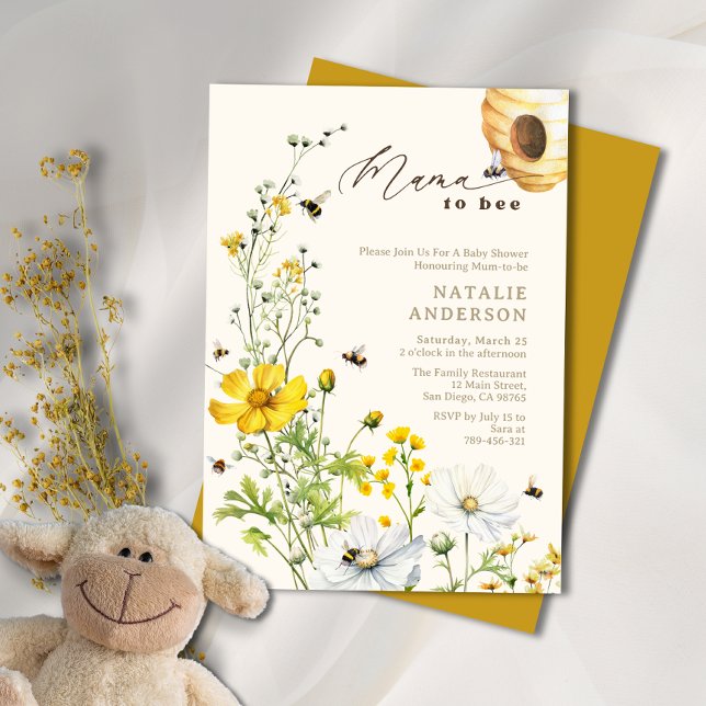Convite Mãe russa ao Chá de fraldas de flores silvestres d (Rustic Mama to Bee Garden Wildflowers Baby Shower Invitation)