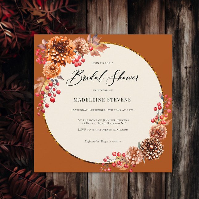 Convite Mães de queda simples Berries Terracotta Bridal (fall floral wreath simple bridal shower invitation mums poms berries terracotta copper burgundy)