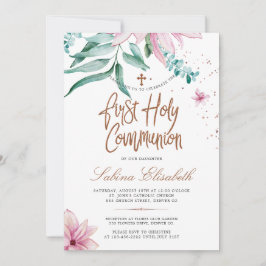 Convite Magalhães cor-de-rosa sagrada primeira comunhão