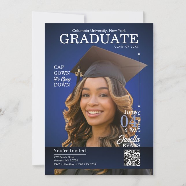 Convite Magazine Cover Graduation Cap Down Blue (Frente)