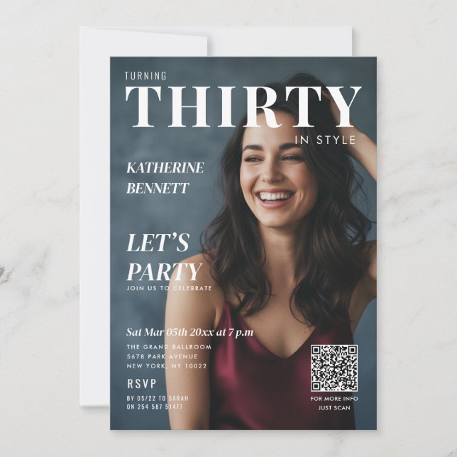 Convite Magazine Cover Photo 30th Birthday Party QR Code (Frente)
