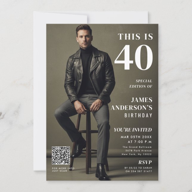 Convite Magazine Cover Photo Mens 40th Birthday QR Code (Frente)