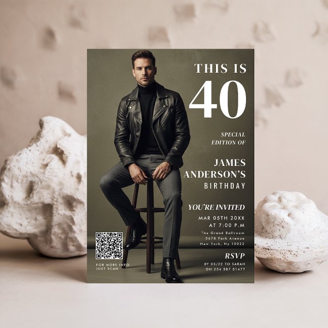 Convite Magazine Cover Photo Mens 40th Birthday QR Code (Criador carregado)