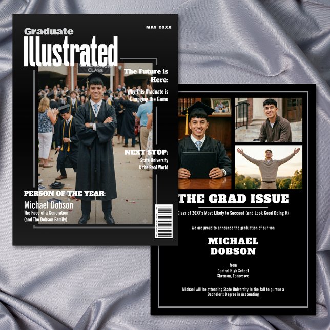 Convite Magazine Four Photo Black Graduation Announcement (Magazine Four Photo Black Graduation Announcement)