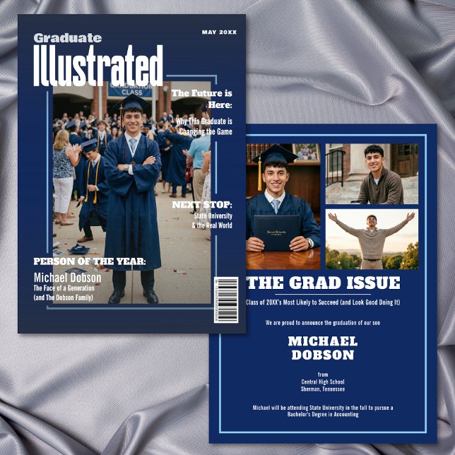 Convite Magazine Four Photo Blue Graduation Announcement (Magazine Cover Four Photo Graduation Announcement)