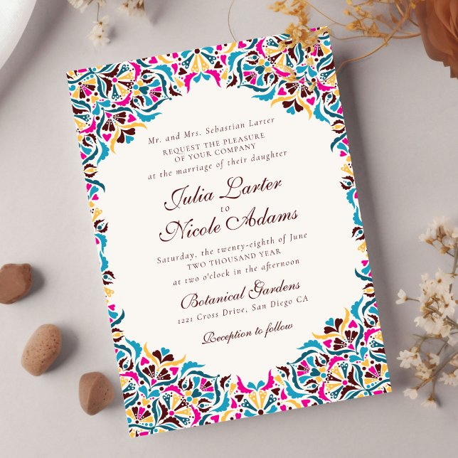 Convite Magenta Azul Amarelo Caprichoso Floral Casamento (Criador carregado)