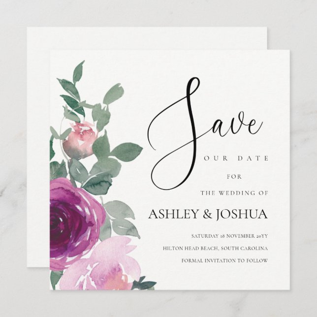 Convite Magenta Blush Pink Floral Over Ivory Save The Date (Frente/Verso)