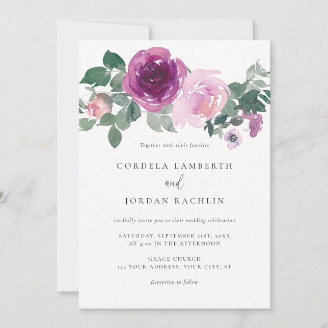 Convite Magenta Blush Pink Floral Spray Ivory Wedding (Frente)