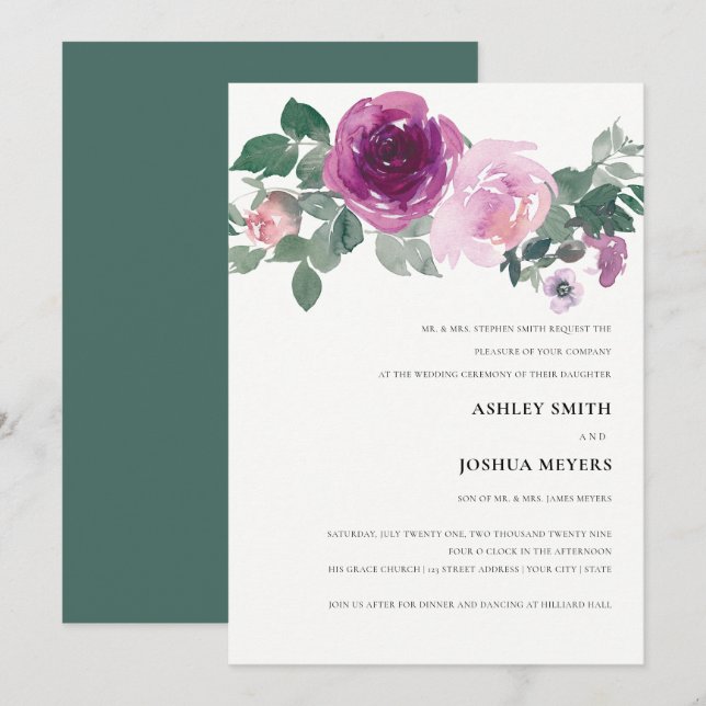 Convite Magenta Blush Watercolor Floral Ivory Wedding (Frente/Verso)