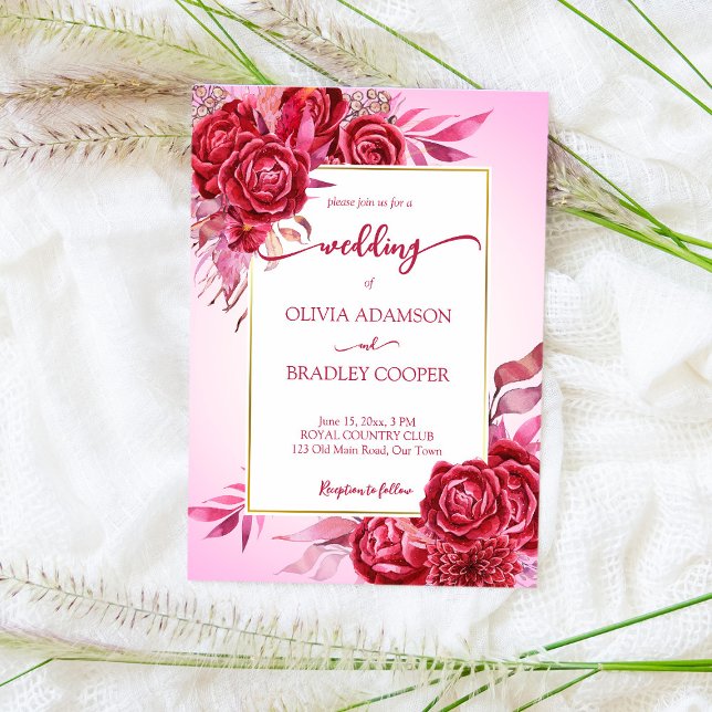 Convite Magenta carmesim flores borgonha rosas rosa ombre (Criador carregado)