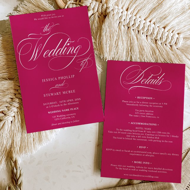 Convite Magenta Chic tudo em um casamento de caligrafia (Chic magenta all in one calligraphy wedding invitation)