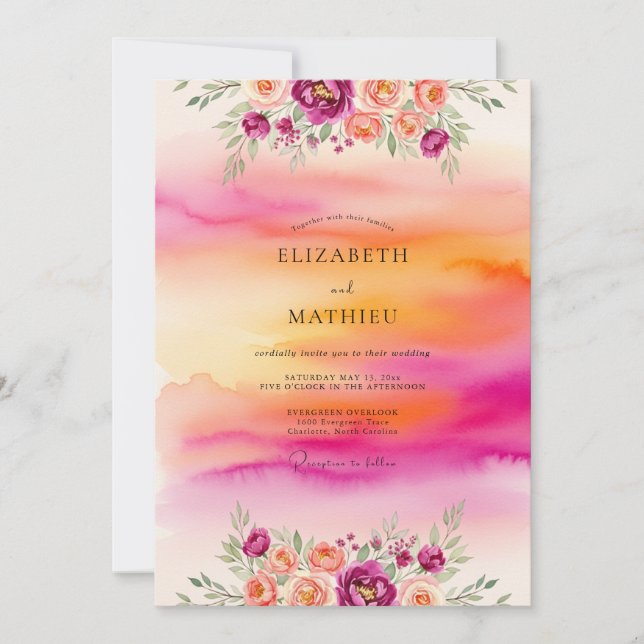 Convite Magenta Dazzling Tropical Sunset Wedding (Frente)