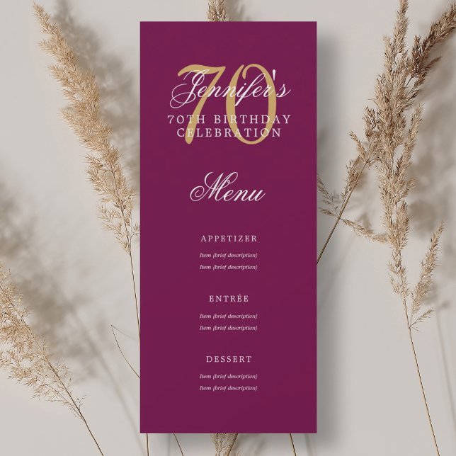 Convite Magenta Dourada no menu de Festa de aniversário El (Elegant 70th Birthday Party Menu Gold Magenta Invitation)
