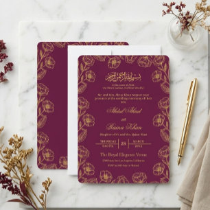 Convite Magenta e Dourado Floral Casamento Islâmico Muçulm