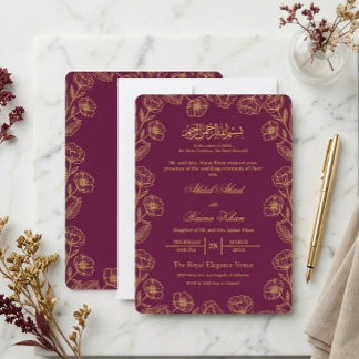 Convite Magenta e Dourado Floral Casamento Islâmico Muçulm