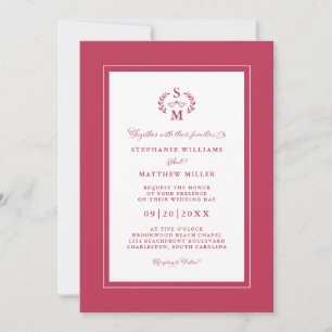 Convite Magenta Elegante Inicial em Caligrafia Casamento V