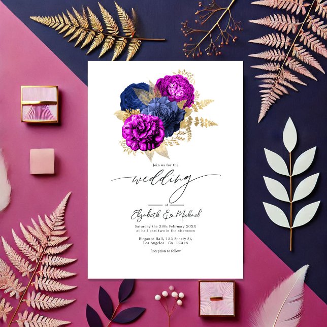 Convite Magenta Elegante, Marinho e Casamento Floral Doura (Elegant Magenta, Navy, and Gold Floral Wedding Invitation)