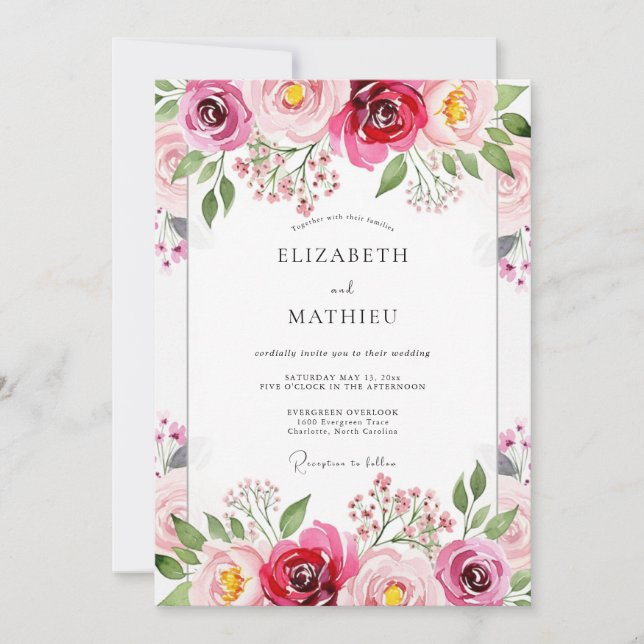 Convite Magenta Floral Brushstroke Wedding (Frente)