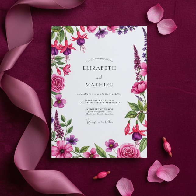 Convite Magenta Floral Flourish Wedding (Criador carregado)