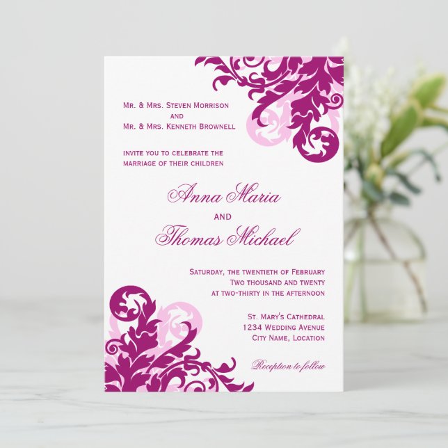Convite Magenta Flourish Wedding (Em pé/Frente)