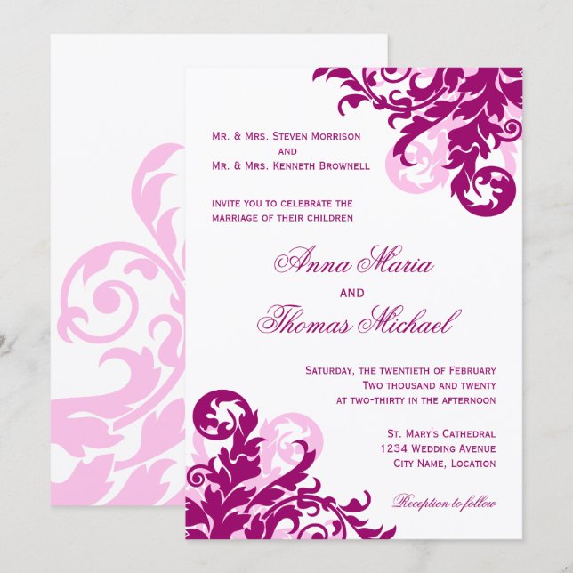 Convite Magenta Flourish Wedding (Frente/Verso)