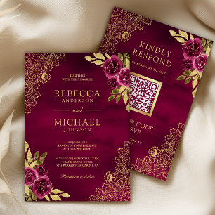 Convite Magenta Fuchsia Floral Dourado Renda Código QR Cas