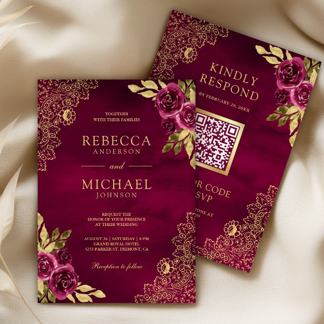 Convite Magenta Fuchsia Floral Dourado Renda Código QR Cas (Criador carregado)