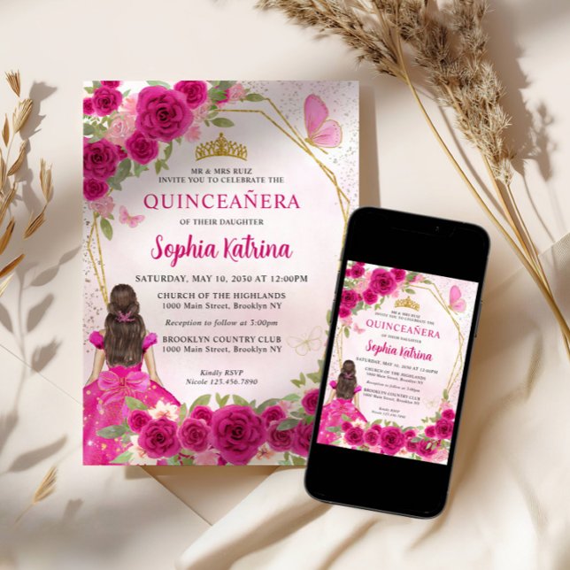 Convite Magenta Glam Dourada Floral Princesa Quinceañera (Criador carregado)