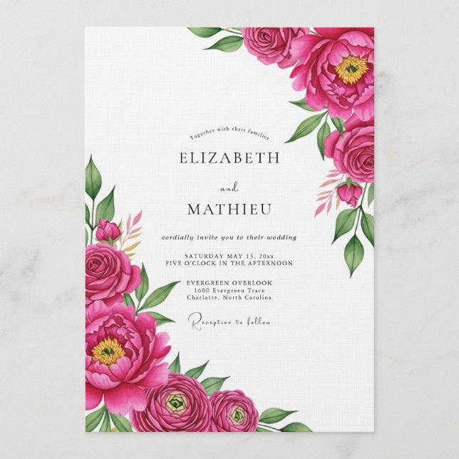 Convite Magenta Lush Painterly Bloom Wedding (Frente)