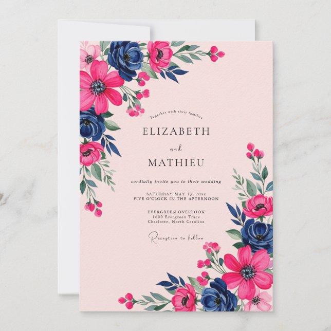 Convite Magenta Navy Botanical Spring Wedding (Frente)