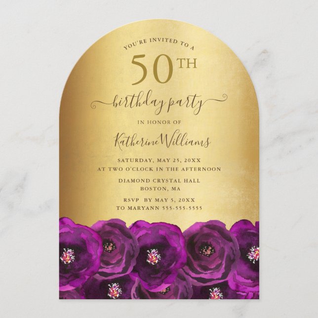 Convite Magenta Pink Rose Floral Gold 50th Birthday Party (Frente)