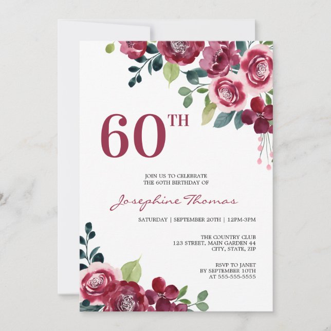 Convite Magenta Pink Rose Floral Greenery Birthday (Frente)