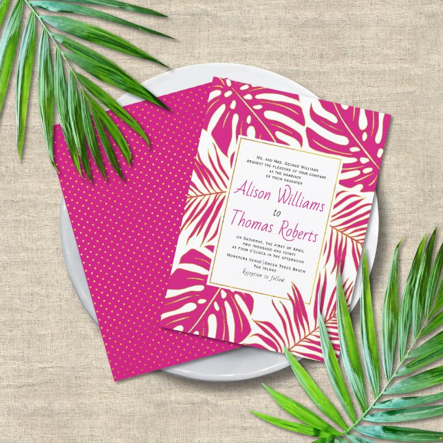 Convite Magenta pink tropical monstera palm leaves wedding (Criador carregado)