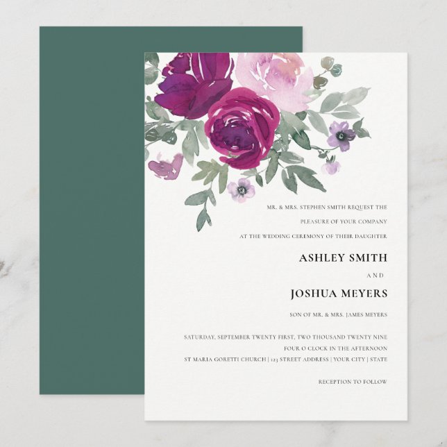 Convite Magenta Pink Watercolor Floral Pearl White Wedding (Frente/Verso)