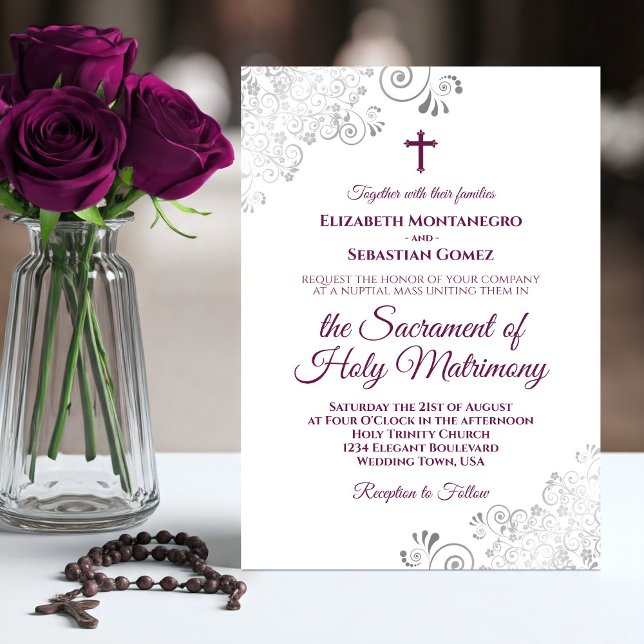 Convite Magenta Plum em Branco Moderno Casamento Católico (Criador carregado)