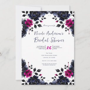 Convite Magenta Rosa Azul Floral Tinta Aguarela Nupcial