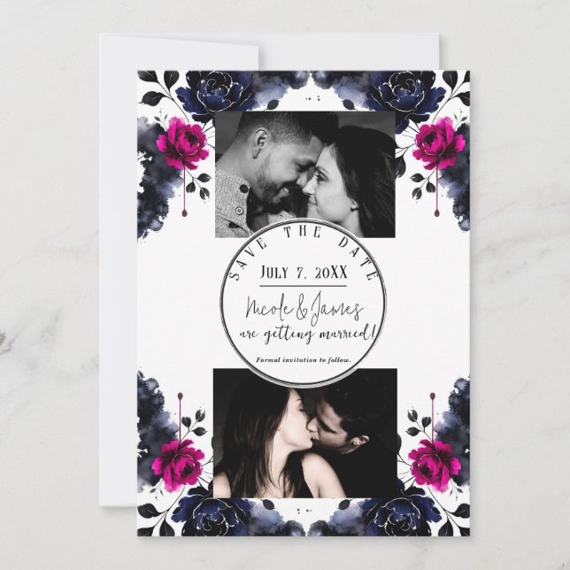 Convite Magenta Rosa Azul Tinta Floral Aquarela Salvar Dat (Frente)