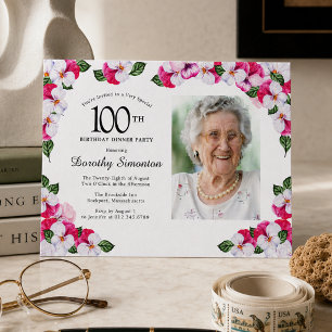 Convite Magenta Rosa Branco Foto Jantar de 100 Anos de Nas