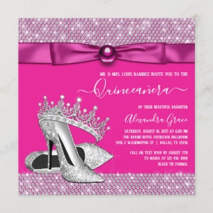 Convite Magenta Rosa Brilhante Diamante Tiara Sapato Quinc