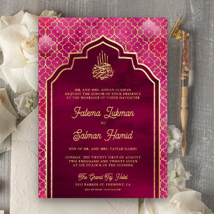 Convite Magenta Rosa Dourado Arco Marroquino Casamento Muç
