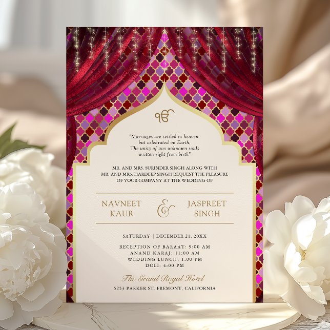 Convite Magenta Rosa Dourado Código QR Quatrefoil Casament (Criador carregado)