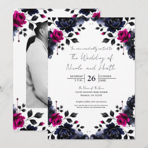 Convite Magenta Rosa e Azul Floral Aguarela Encardida Casa