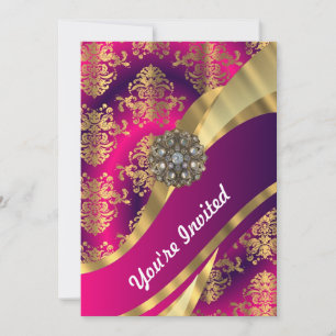 Convite Magenta rosa quente e damasco dourado