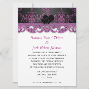 Convite Magenta Roxo e Preto Damask com Corações